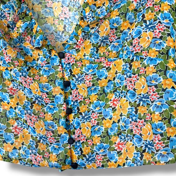 ASOS Design Floral Ditsy Blue Yellow Button Flutter V-Neck Long Sleeve Blouse - Picture 6 of 7